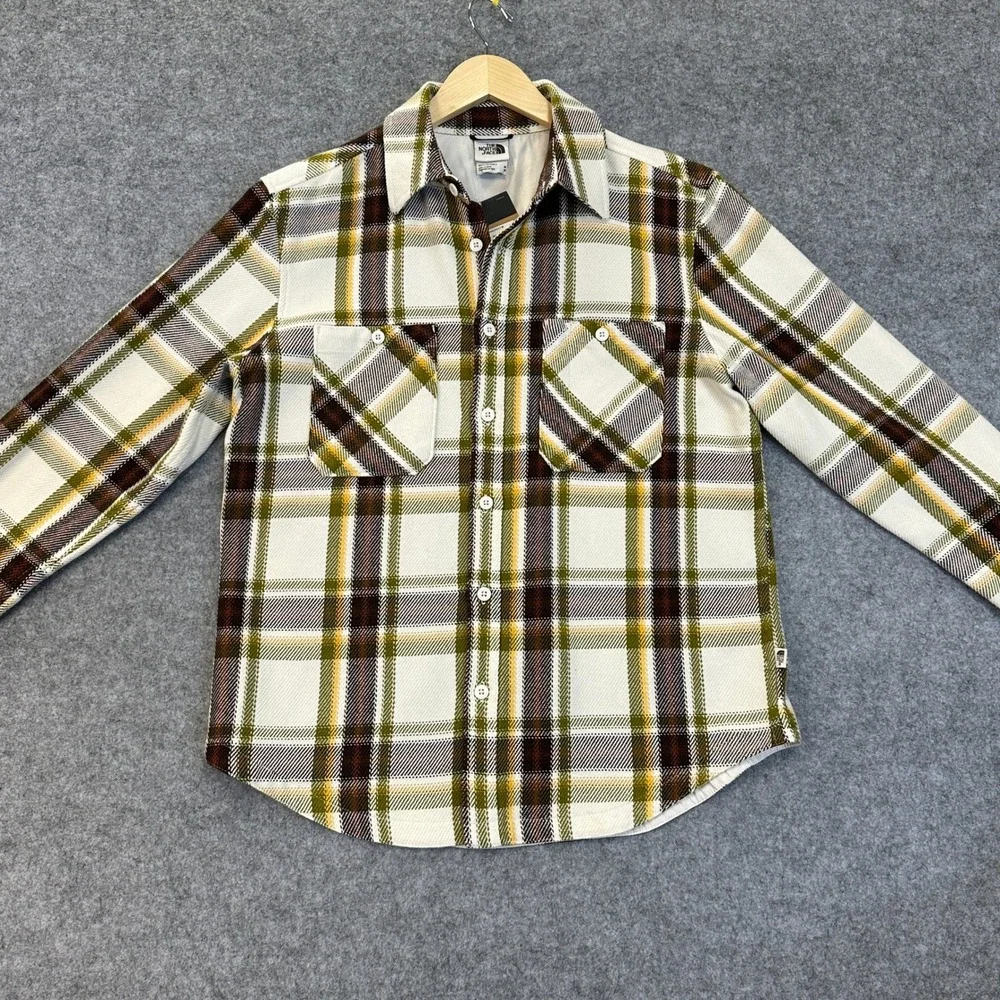 The North Face Valley Twill Flannel Shirt Mens M Olive Yellow‎ White Plaid NWT